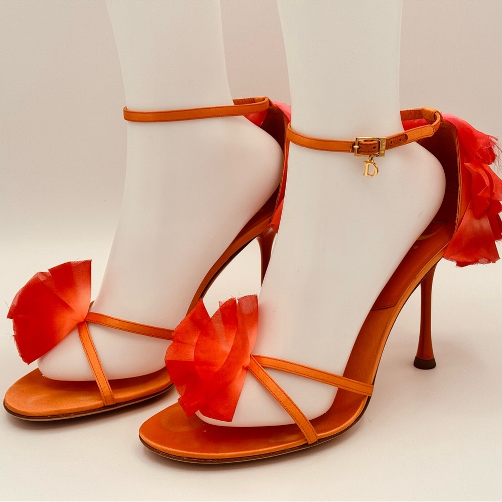 Dior Orange High Heeled Sandals with Pom-Pom